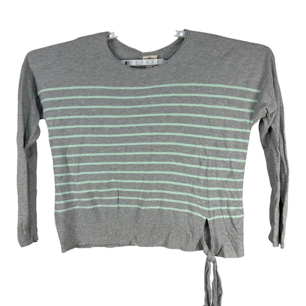 St Johns Bay Womens XL Knit Pullover Sweater Green Stripes Tie Hem Long Sleeve